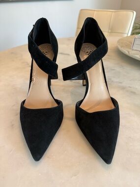 Vince Camuto Black Suede Pointed-Toe Ankle-Strap Heels - 12